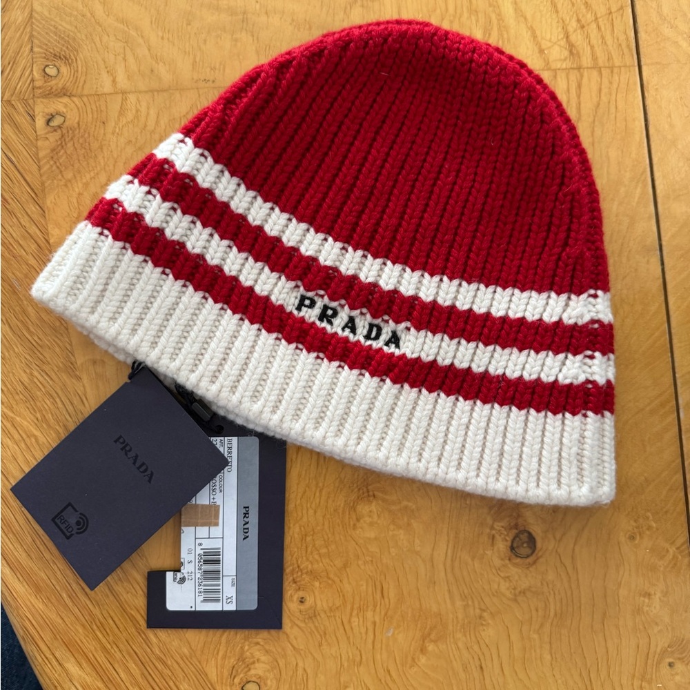 Prada Beanie Cashmere Red and White Hat